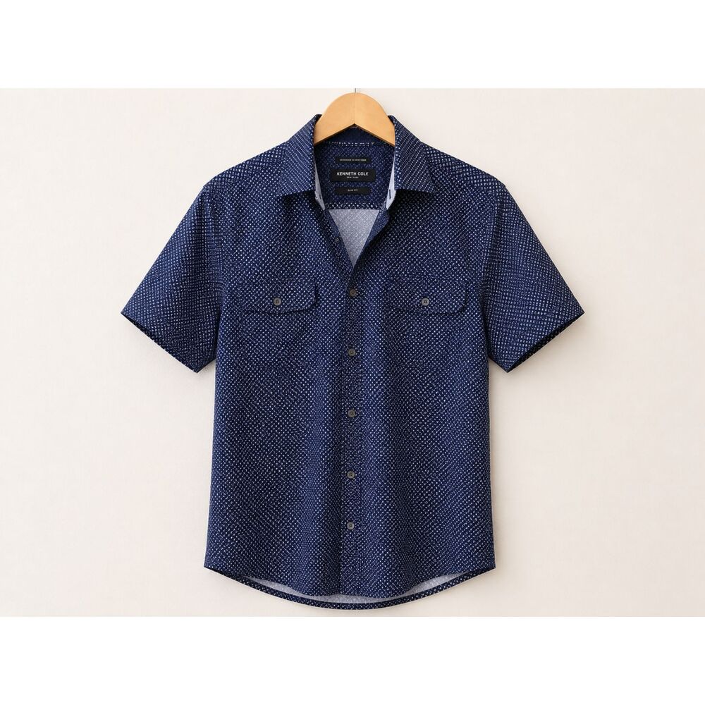 Kenneth Cole New York Slim Fit Short Sleeve Button Down Men's Medium Navy Geo